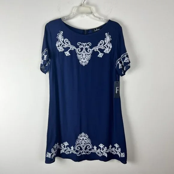 2/$30 Nwt Lulu's Embroidered Navy mini shift dress Large - Picture 5 of 9